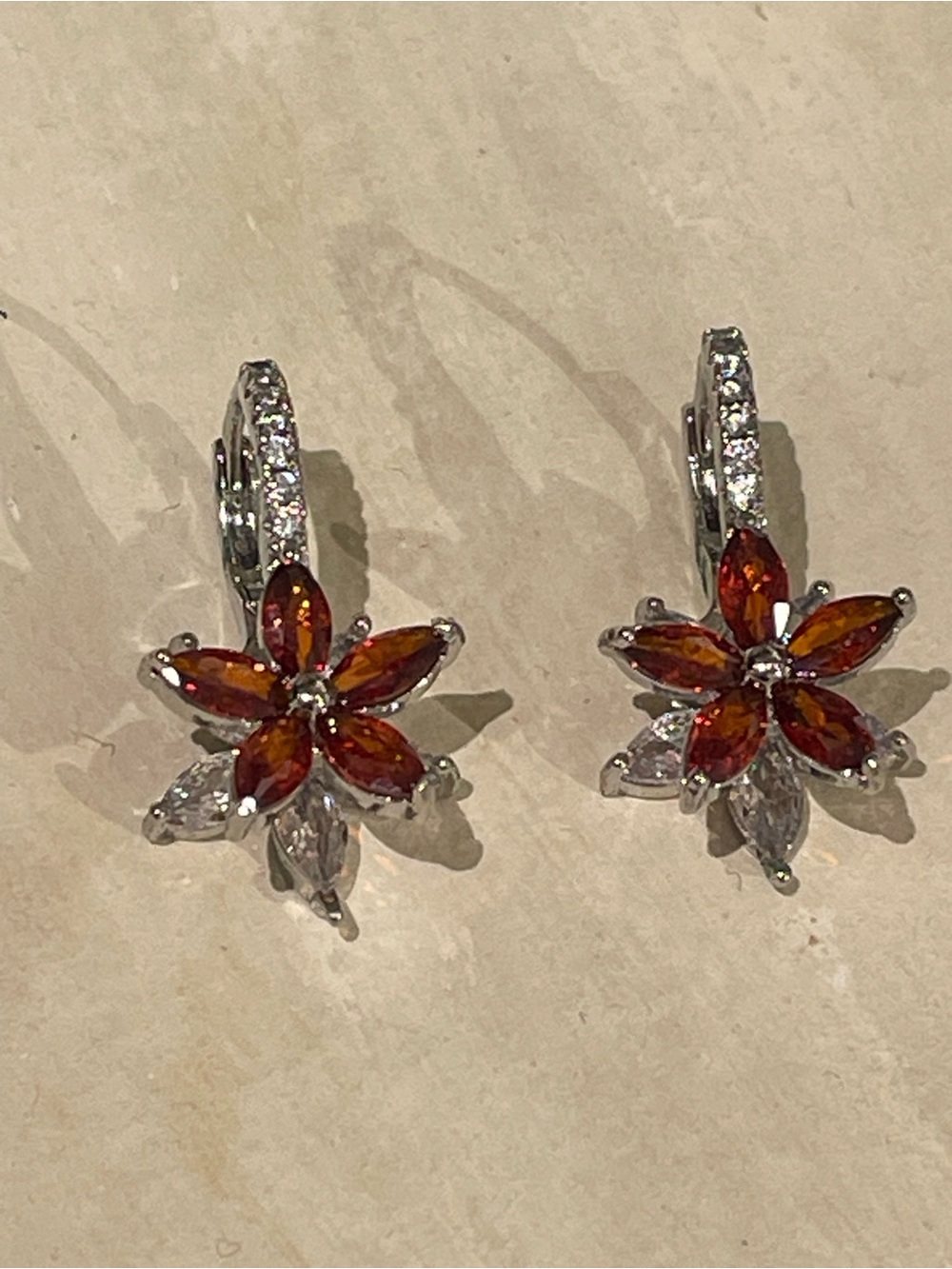 Sterling Silver Floral Drop Earrings with Amber Red Stones